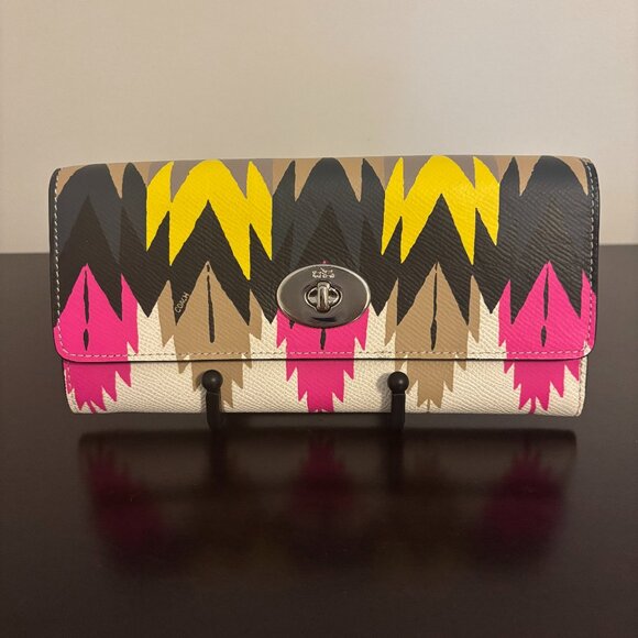 Coach x Coachella Hawk Feather Black Pink Yellow White Leather Envelope Wallet - Picture 1 of 9